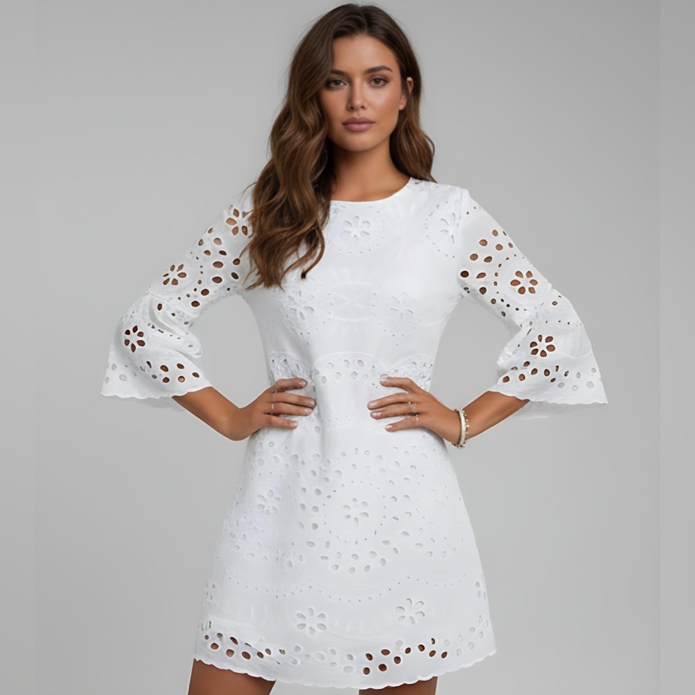 Eyelet Embroidery Flare Sleeve Dress White